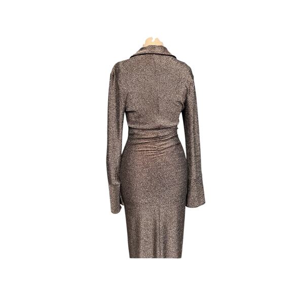 WAYF Metallic Silver Long Sleeve Ruched Midi Dress Size Small - Picture 4 of 4